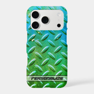 Custom Name Diamond Plate Steel Green and Blue iPhone 17 Pro Case