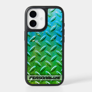 Custom Name Diamond Plate Steel Green and Blue iPhone 17 Case