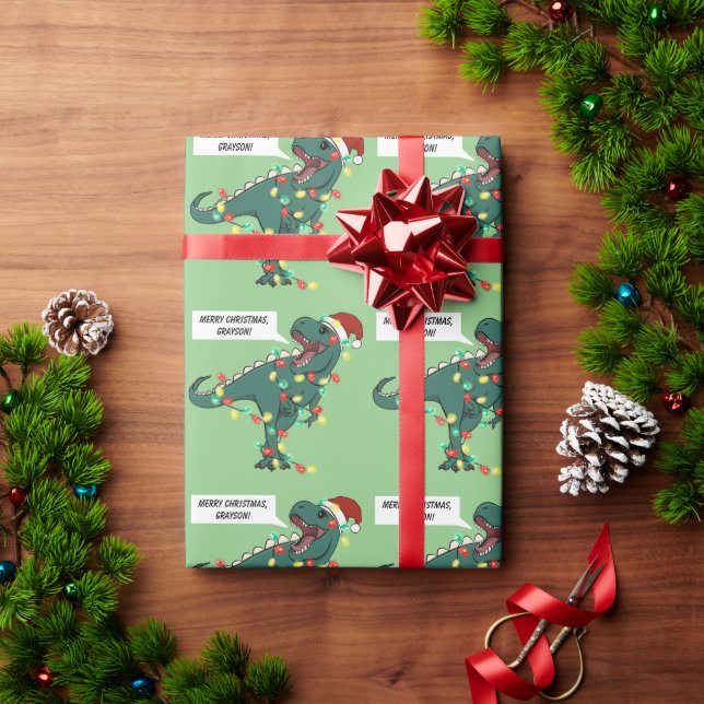 Custom Name Dinosaur Merry Christmas Lights Kids Wrapping Paper (Holiday Gift)
