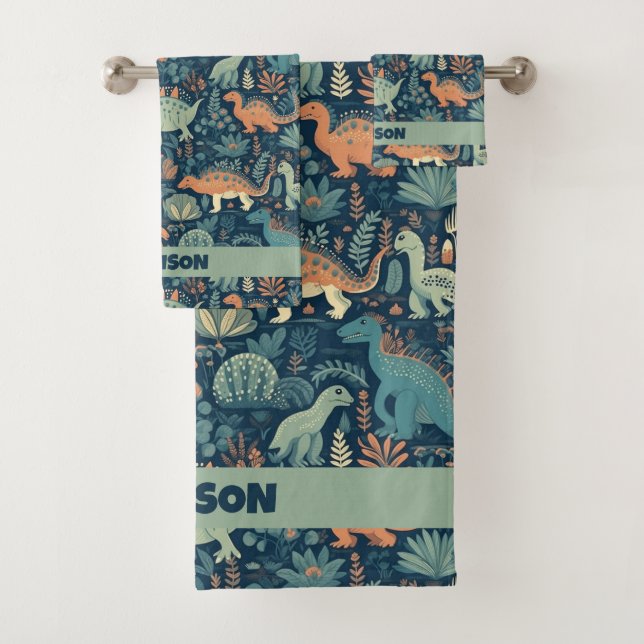 Custom Name Dinosaur Pattern Bath Towel Set (Insitu)
