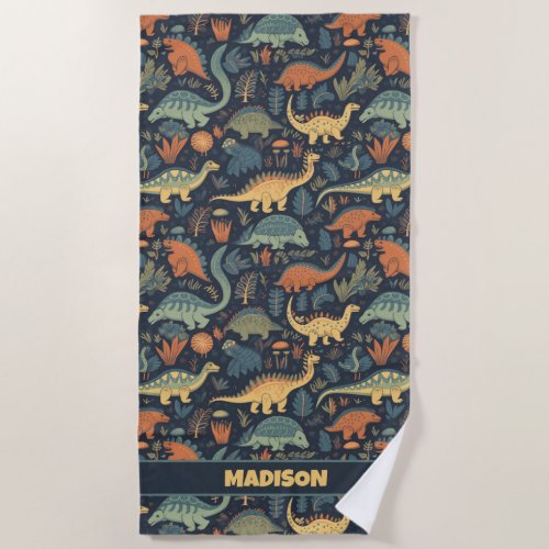 Custom Name Dinosaur Pattern Beach Towel