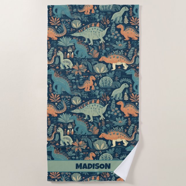 Custom Name Dinosaur Pattern Beach Towel (Front)