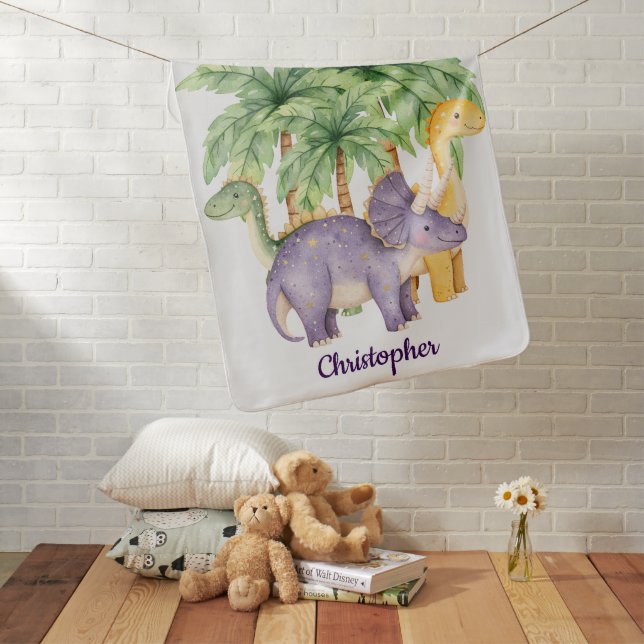 Custom Name Dinosaurs Palm Trees Baby Blanket (In Situ)