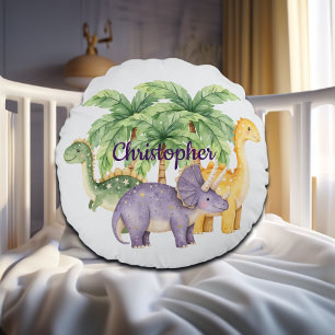 Custom Name Dinosaurs Palm Trees Round Pillow