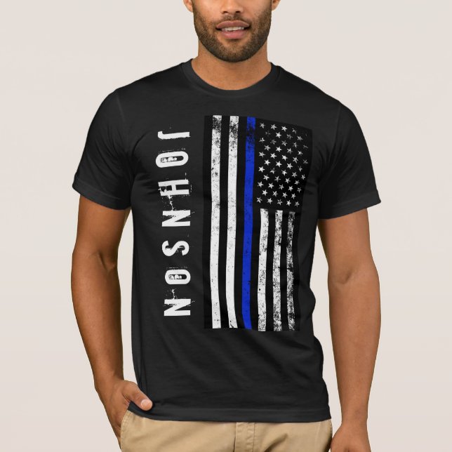 Custom Name Distressed Police Style USA Flag T-Shirt (Front)