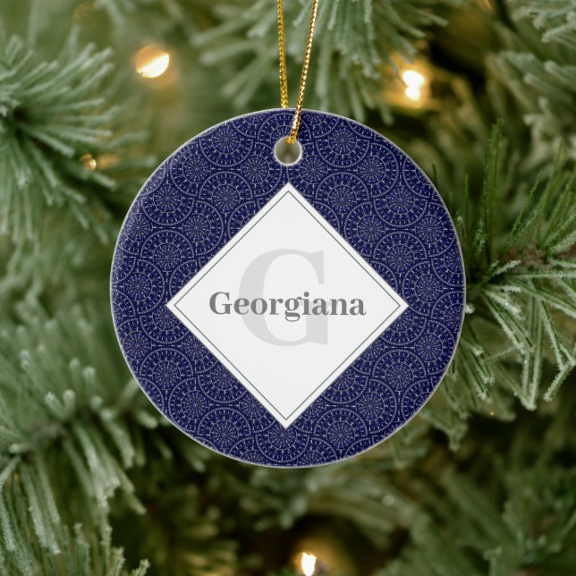 Custom Name Ditsy Winter Snow Angels Snowmen Fans Ceramic Ornament (Tree)