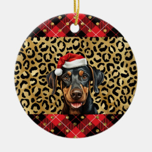 Custom Name Doberman Pinscher dog Santa hat Ceramic Ornament