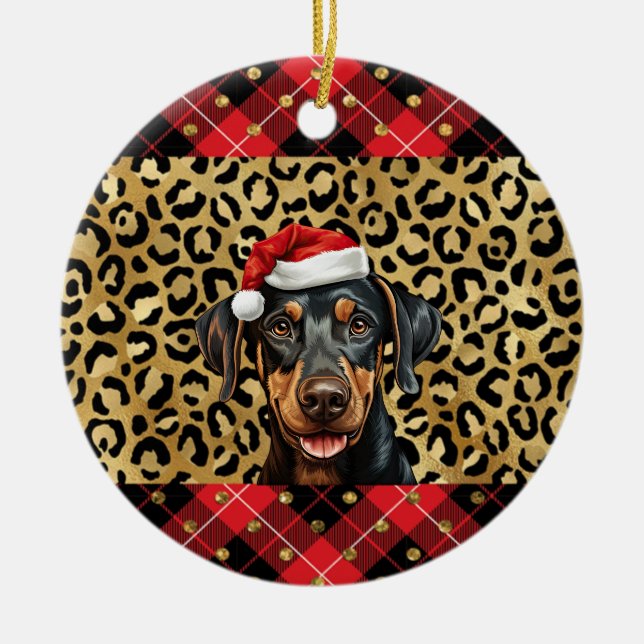 Custom Name Doberman Pinscher dog Santa hat  Ceramic Ornament (Front)