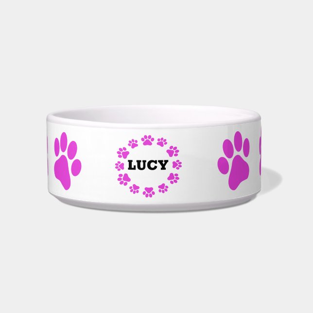 Custom Name Dog Cat Paws Pink Personalized Food Bowl (Front)