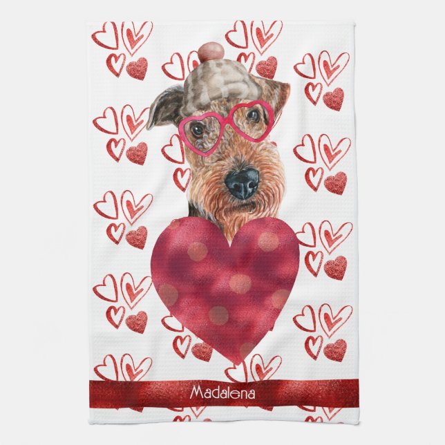Custom Name Dog Lover Valentine Gift Airedale Kitchen Towel (Vertical)