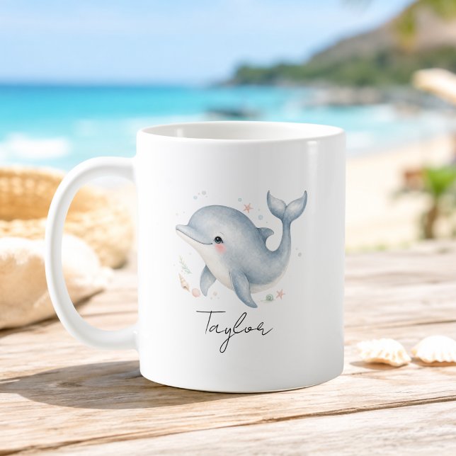 Custom Name Dolphin Turtle Mug (Custom Name Script Font Dolphin Turtle Mug)