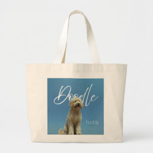 Custom Name Doodle Dog Blue Sky Photo Large Tote Bag