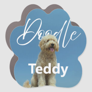 Custom Name Doodle Dog Retro Blue Sky Photo Car Magnet