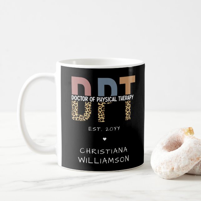 Custom Name DPT Doctor of Physical Therapy Cheetah Coffee Mug (With Donut)