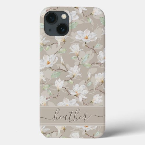 Custom Name Drawn White Magnolia on Blush Beige iPhone 13 Case