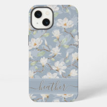 Custom Name Drawn White Magnolia on Dusty Green Ca