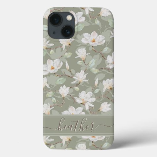 Custom Name Drawn White Magnolia on Dusty Green iPhone 13 Case