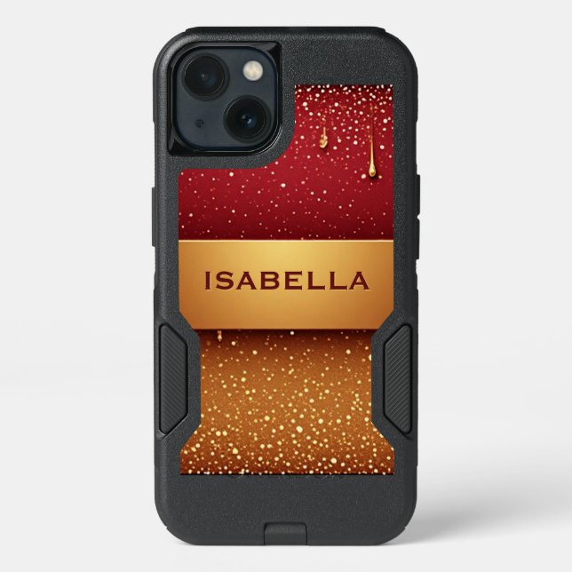 Custom Name 🔥 Dripping Red Paint Glow Over Gold  Otterbox iPhone Case (Back)
