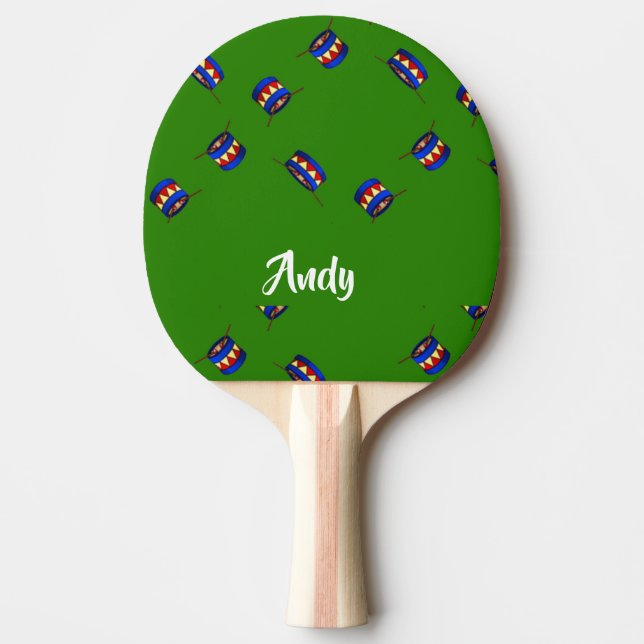 Custom name drums pattern on green ping pong paddle (Front)