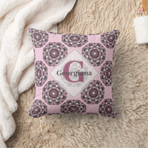 Custom Name Dusky Rose Cherry Blossom Dot Mandala Throw Pillow