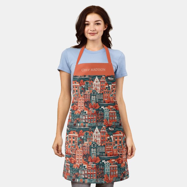 Custom Name Dutch Houses Pattern Apron (Worn)