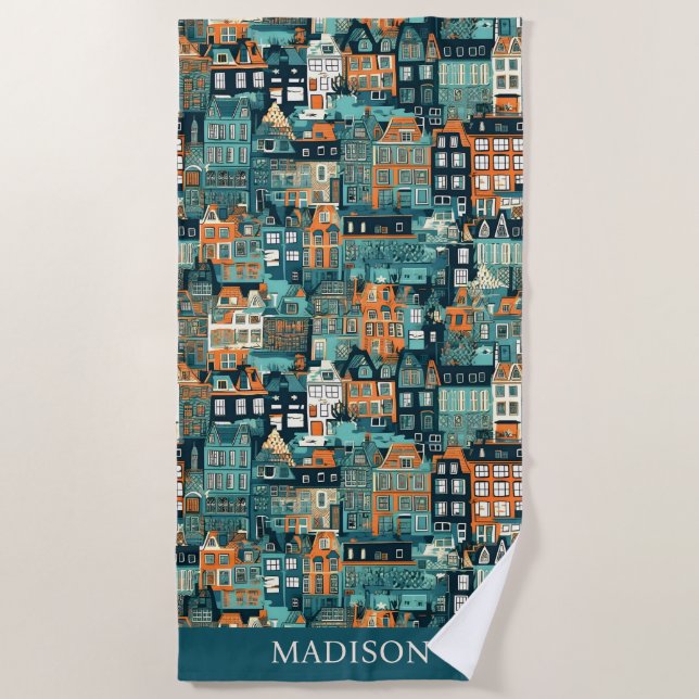 Custom Name Dutch Houses Pattern Beach Towel (Front)