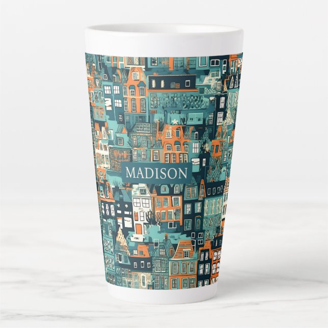Custom Name Dutch Houses Pattern Latte Mug (Front)