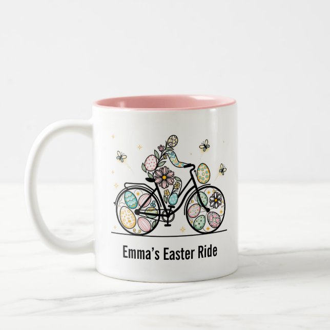 Custom Name Easter Bicycle Design Two-Tone Coffee Mug (Left)