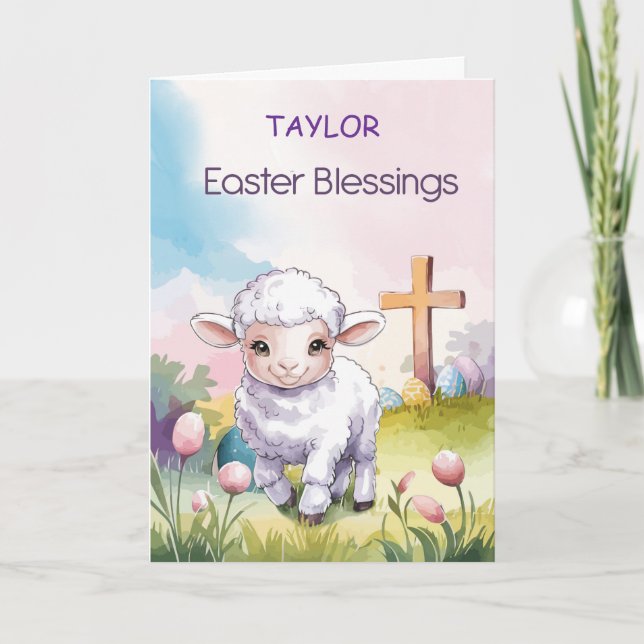 Custom Name Easter Blessings Lamb and Cross Christ Card (Front)