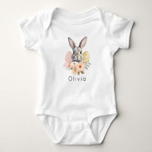 Custom Name Easter Bunny Baby Grey Watercolor Baby Bodysuit
