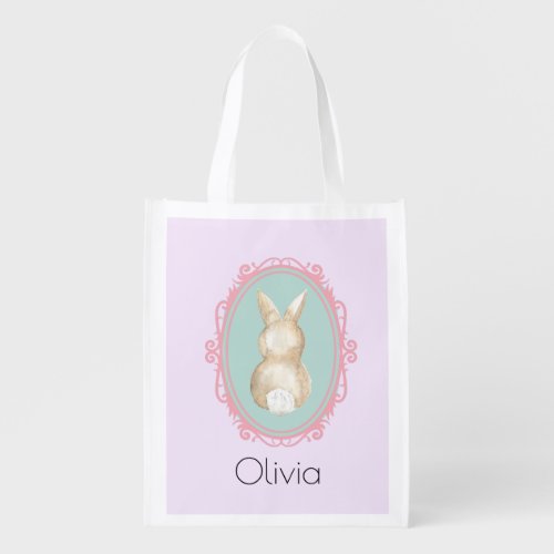 Custom Name Easter Bunny Egg Hunt Purple Grocery Bag