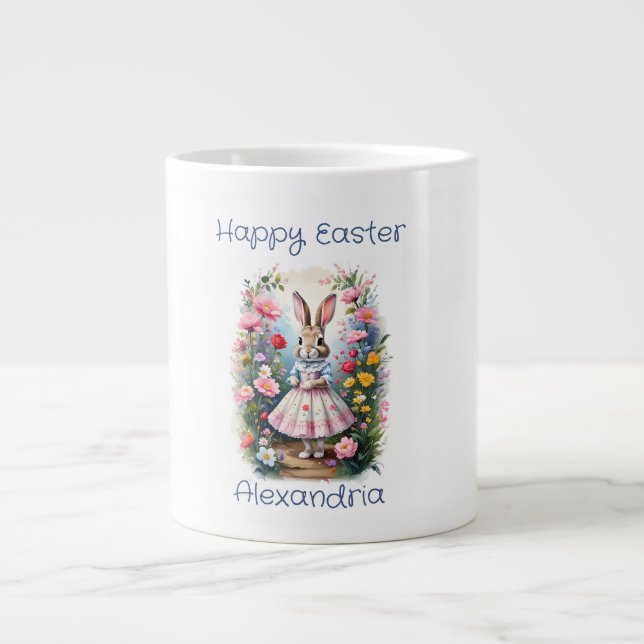 Custom Name Easter rabbit flowers Happy Easter Giant Coffee Mug (Front)