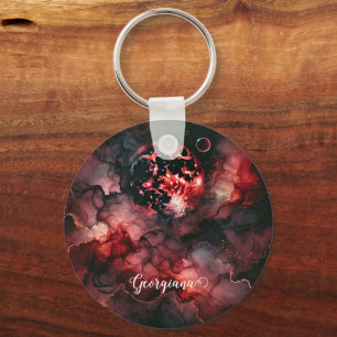 Custom Name Eerie Blood Moon Halloween Alcohol Ink Keychain