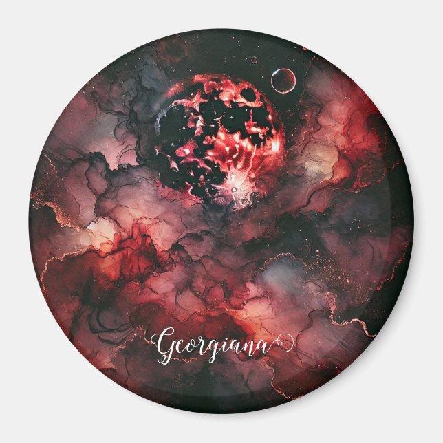 Custom Name Eerie Blood Moon Halloween Alcohol Ink Magnet (Front)