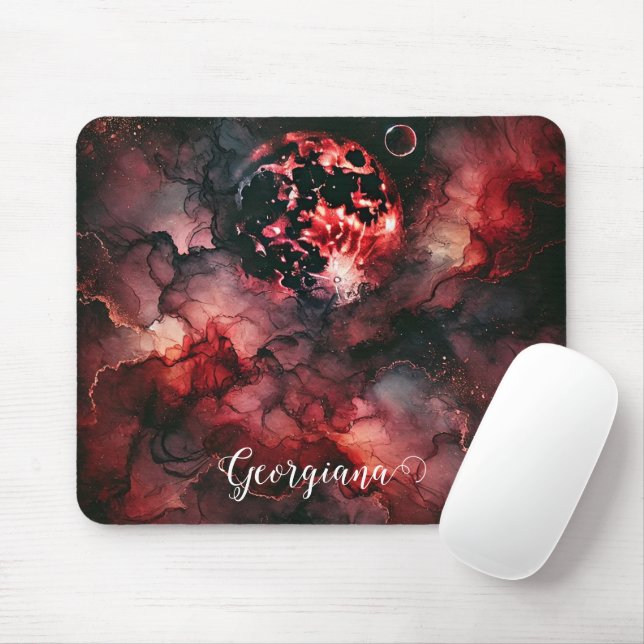 Custom Name Eerie Blood Moon Halloween Alcohol Ink Mouse Pad (With Mouse)