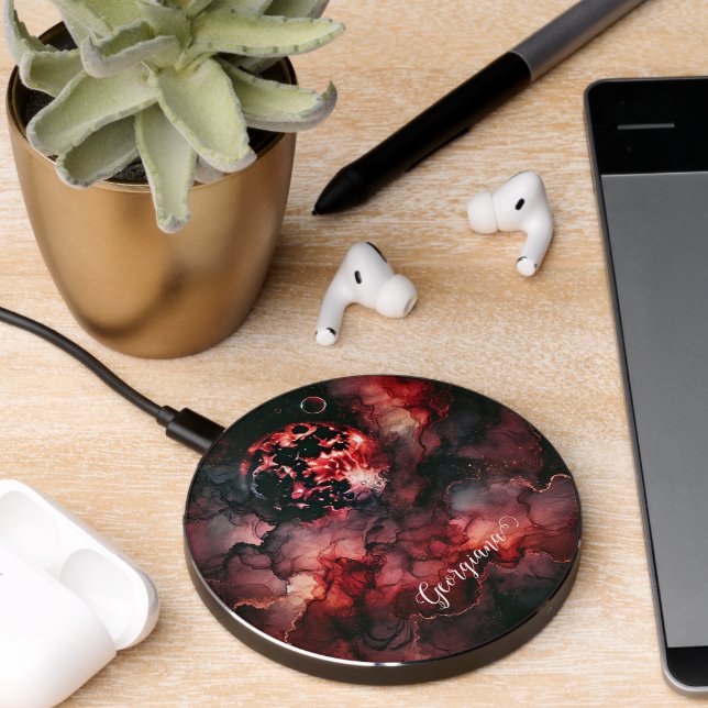 Custom Name Eerie Blood Moon Halloween Alcohol Ink Wireless Charger (Desk 2)
