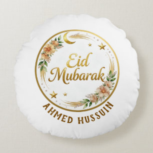 Custom Name Eid Mubarak Floral Gold Moon Decorativ Round Pillow