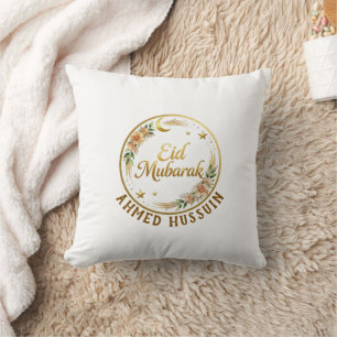 Custom Name Eid Mubarak Floral Gold Moon Decorativ Throw Pillow