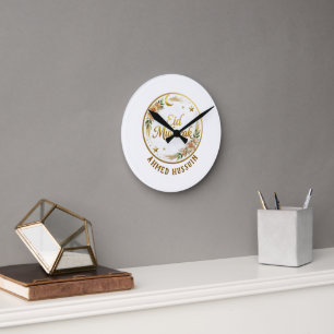 Custom Name Eid Mubarak Floral Gold Moon Wall  Round Clock