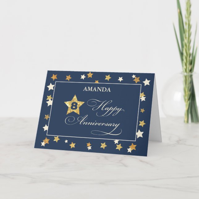 Custom Name Eighth Employee Anniversary Navy Gold Card (Front)
