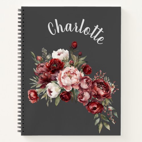 Custom Name Elegant Blush Pink Burgundy Flowers Notebook