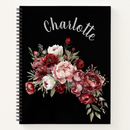 Custom Name Elegant Blush Pink Burgundy Flowers Notebook