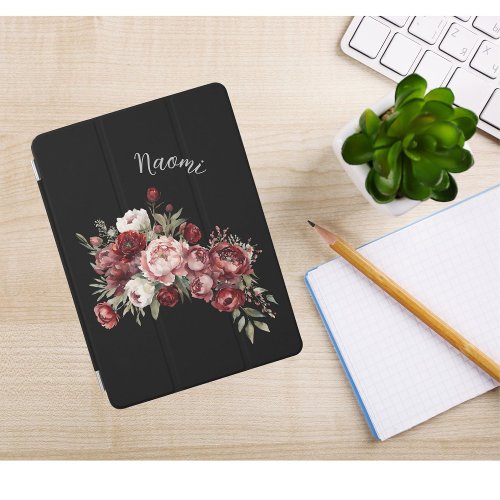 Custom Name Elegant Burgundy Blush Pink Floral iPad Air Cover