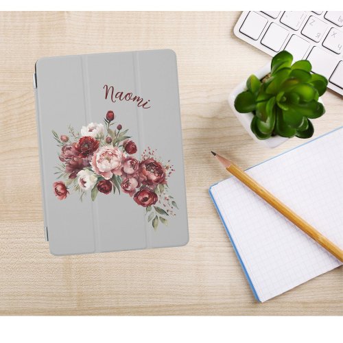 Custom Name Elegant Burgundy Blush Pink Floral iPad Air Cover