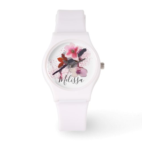 Custom Name  Elegant Chic Pink Cherry Blossom Watch