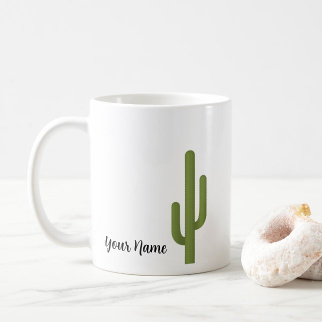 Custom Name Elegant Green Cactus Coffee Mug (With Donut)