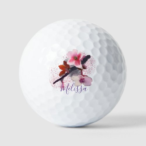 Custom Name  Elegant Pink Cherry Blossom Golf Balls