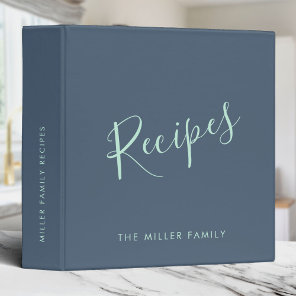 Custom Name Elegant Recipe Modern Script Mint Blue 3 Ring Binder
