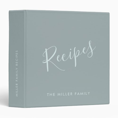 Custom Name Elegant Recipe Modern Script Mint Grey 3 Ring Binder