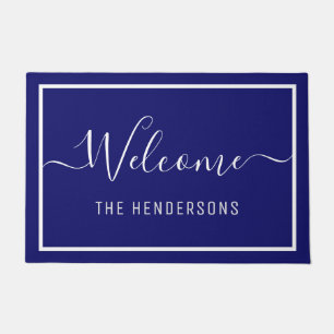 Custom Name Elegant Script Welcome Navy Blue Doormat